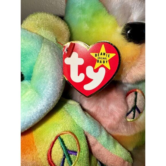 ty Peace Beanie Babies 1999 Buddies 1996 Tie Dye Rainbow Bear Set MWMT - Picture 2 of 16